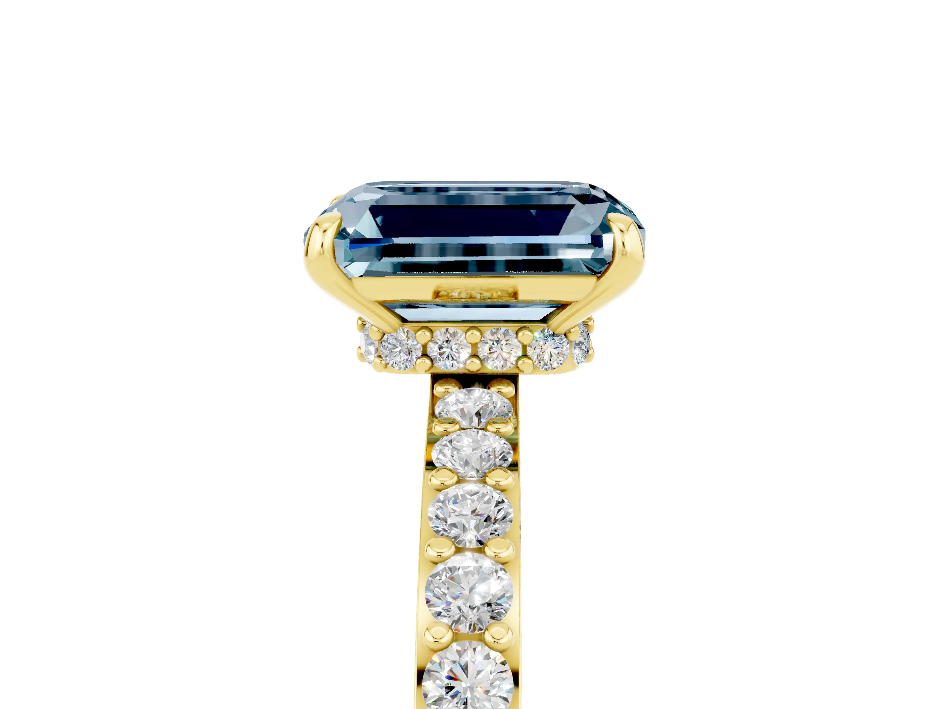 Yellow gold Emerald Cut Aquamarine Ring with Pavé Band and Four-Prong Setting_5