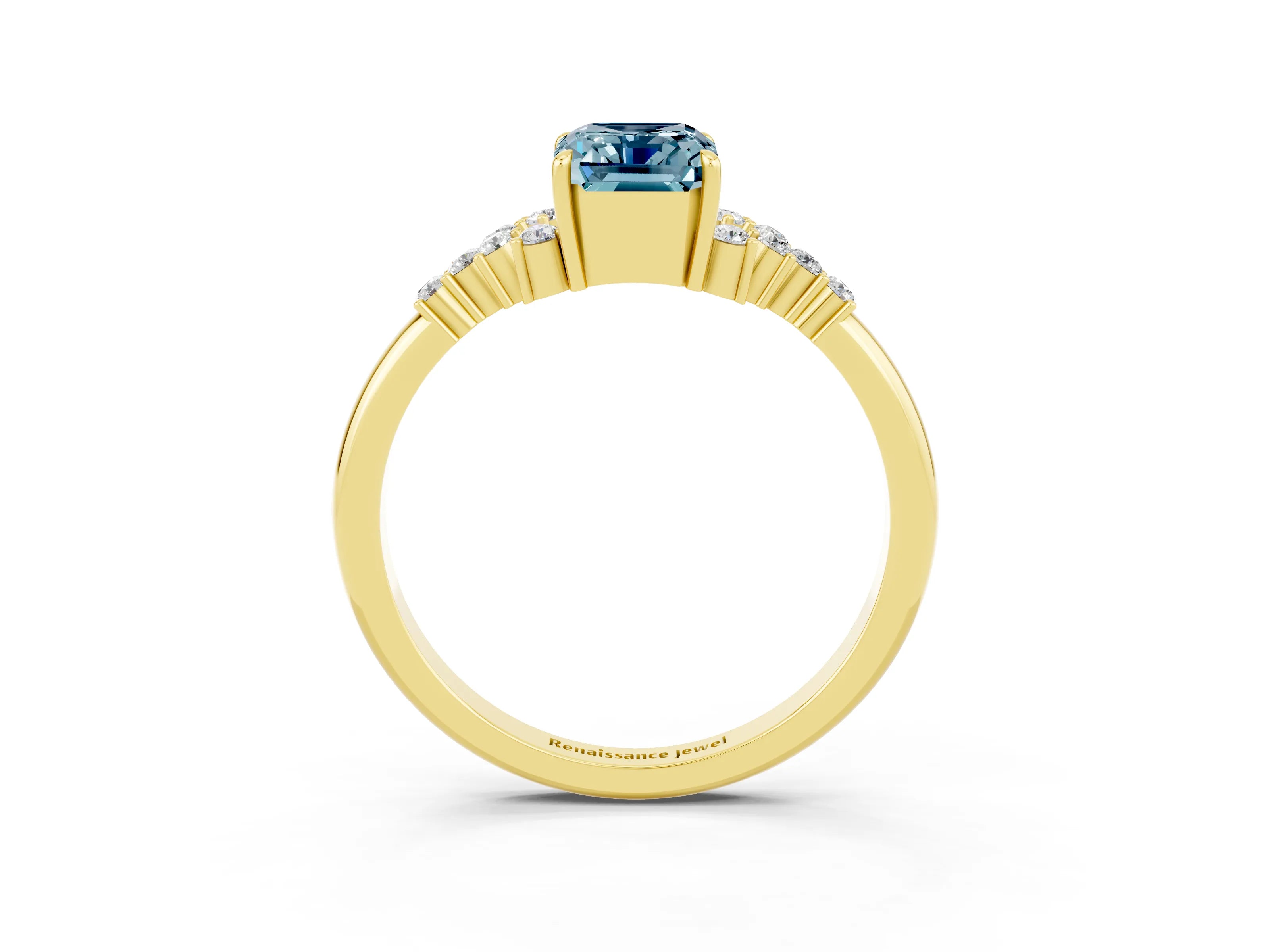 Yellow gold Emerald Cut Aquamarine Ring with Side Stones and Four-Prong Setting_39