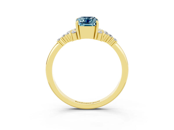 Yellow gold Emerald Cut Aquamarine Ring with Side Stones and Four-Prong Setting