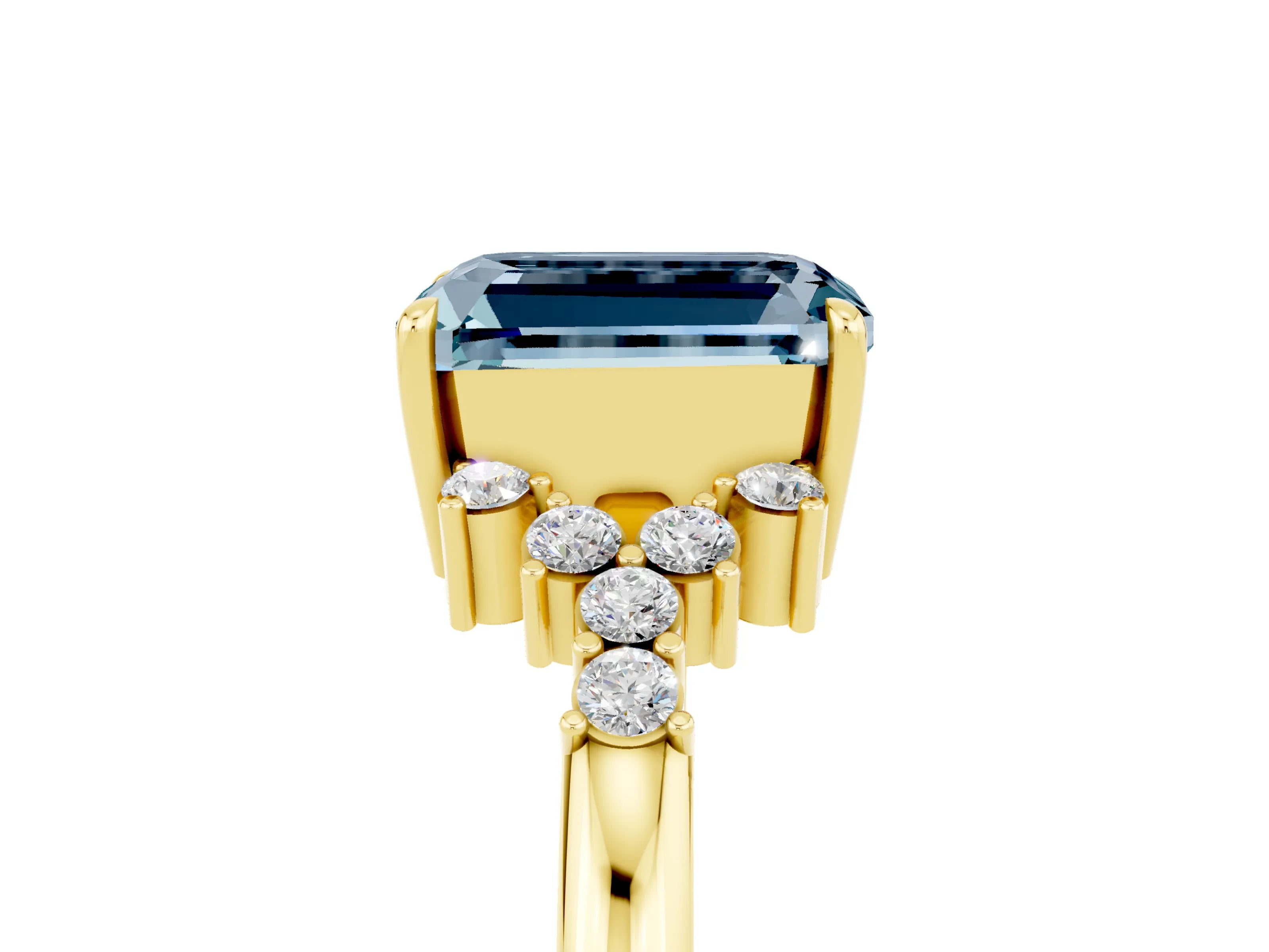 Yellow gold Emerald Cut Aquamarine Ring with Side Stones and Four-Prong Setting_41