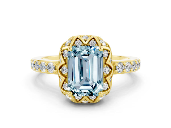 Yellow gold Emerald Cut Aquamarine Scalloped Halo Engagement Ring with Round Shared Prong Band