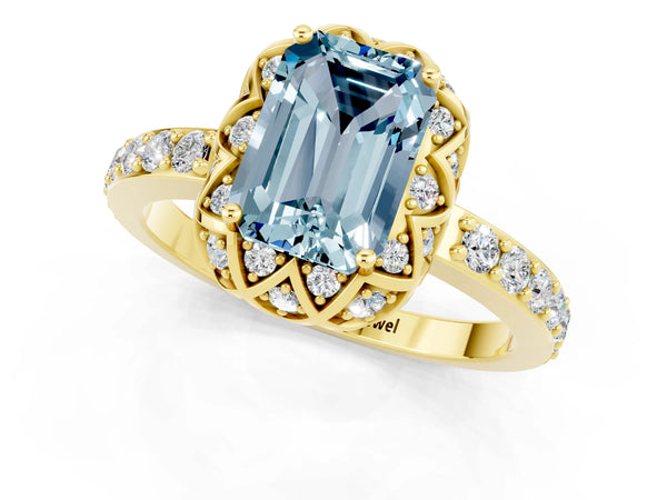 Yellow gold Emerald Cut Aquamarine Scalloped Halo Engagement Ring with Round Shared Prong Band