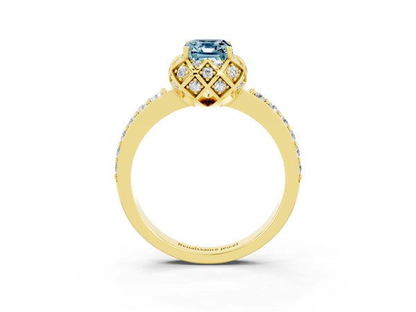 Yellow gold Emerald Cut Aquamarine Scalloped Halo Engagement Ring with Round Shared Prong Band