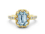Yellow gold Emerald Cut Aquamarine Scalloped Halo Engagement Ring with Round Shared Prong Band_24
