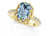 Yellow gold Emerald Cut Aquamarine Scalloped Halo Engagement Ring with Round Shared Prong Band_25