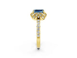 Yellow gold Emerald Cut Aquamarine Scalloped Halo Engagement Ring with Round Shared Prong Band_26