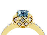 Yellow gold Emerald Cut Aquamarine Scalloped Halo Engagement Ring with Round Shared Prong Band_28