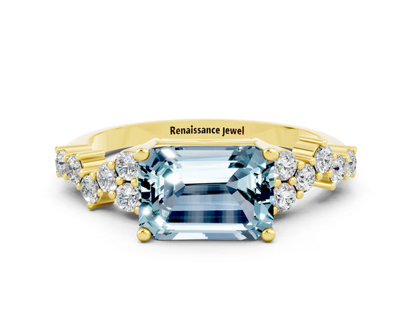 Yellow gold Emerald Cut Aquamarine Scattered Round Accent Ring with Prong Setting