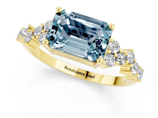 Yellow gold Emerald Cut Aquamarine Scattered Round Accent Ring with Prong Setting