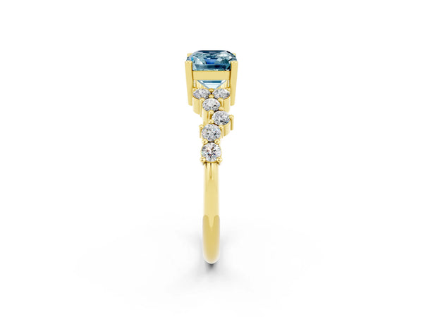 Yellow gold Emerald Cut Aquamarine Scattered Round Accent Ring with Prong Setting