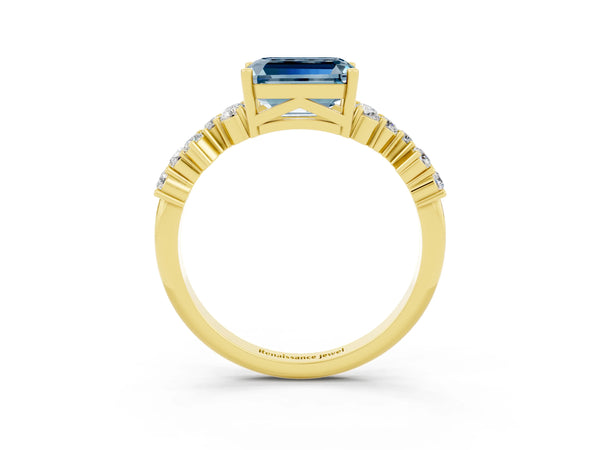 Yellow gold Emerald Cut Aquamarine Scattered Round Accent Ring with Prong Setting