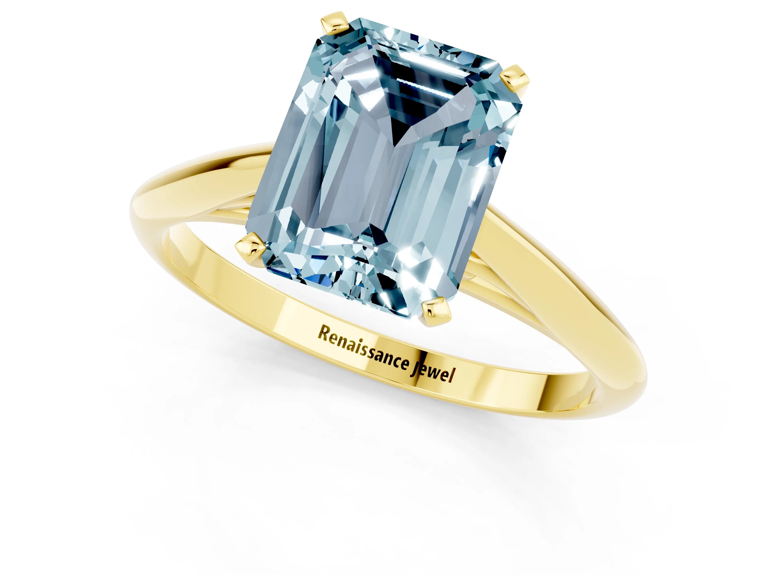 Yellow gold Emerald Cut Aquamarine Solitaire Engagement Ring with Cathedral Setting and Four-Prong Mount_13