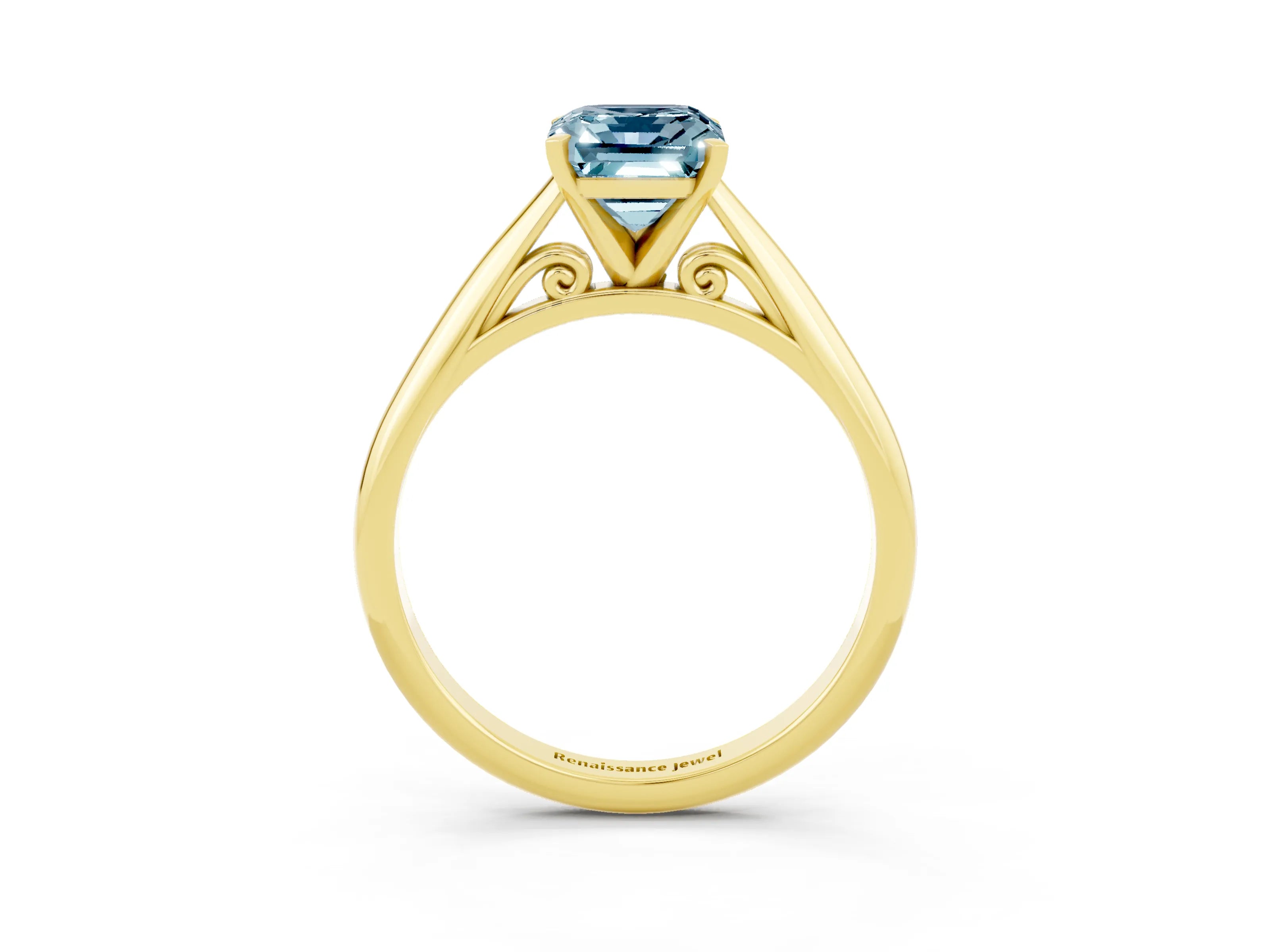 Yellow gold Emerald Cut Aquamarine Solitaire Engagement Ring with Cathedral Setting and Four-Prong Mount_15