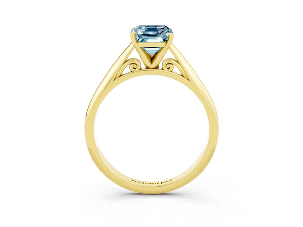 Yellow gold Emerald Cut Aquamarine Solitaire Engagement Ring with Cathedral Setting and Four-Prong Mount