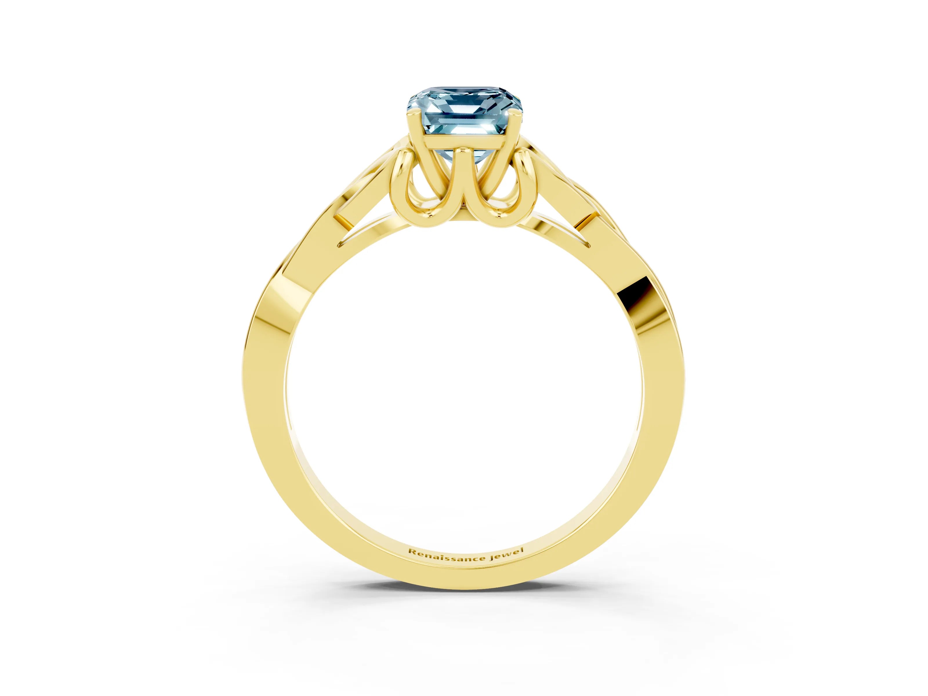 Yellow gold Emerald Cut Aquamarine Solitaire Engagement Ring with Celtic Knot Band and Four-Prong Setting_3