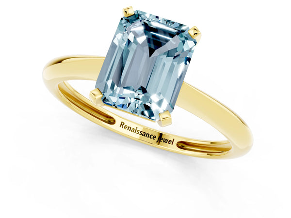 Yellow gold Emerald Cut Aquamarine Solitaire Engagement Ring with Classic Band and Four-Prong Setting