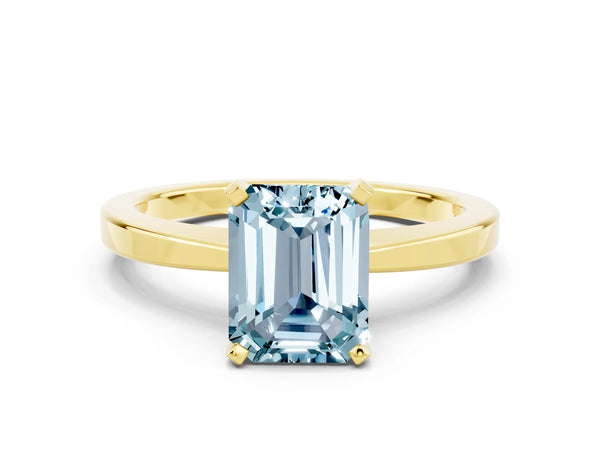 Yellow gold Emerald Cut Aquamarine Solitaire Engagement Ring with Classic Band and Four-Prong Setting