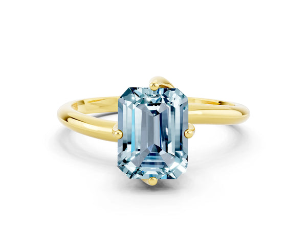 Yellow gold Emerald Cut Aquamarine Solitaire Engagement Ring with Four-Prong Setting and Classic Band