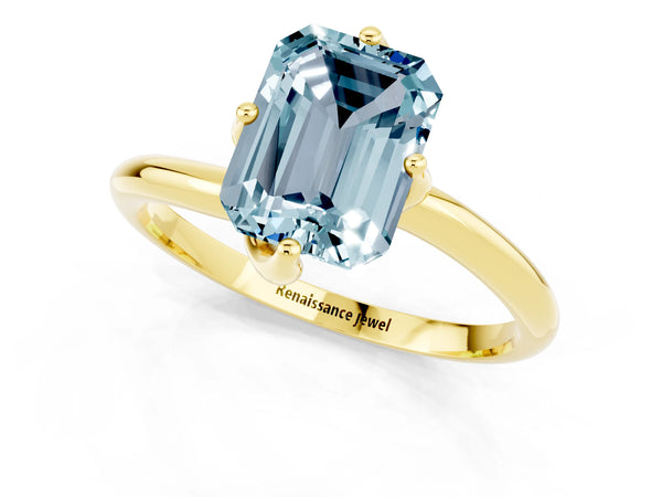 Yellow gold Emerald Cut Aquamarine Solitaire Engagement Ring with Four-Prong Setting and Classic Band