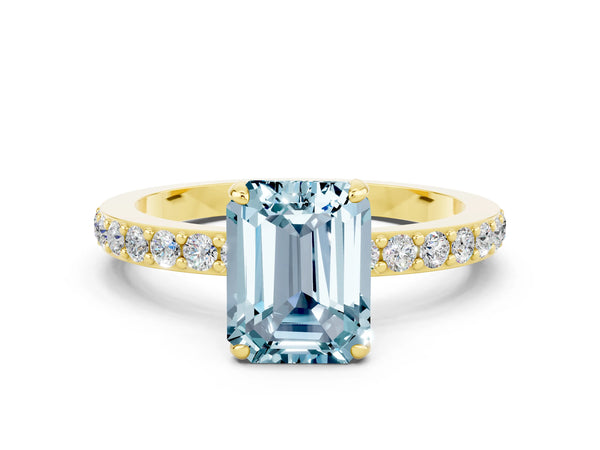 Yellow gold Emerald Cut Aquamarine Solitaire Engagement Ring with Pavé Band and Four-Prong Setting
