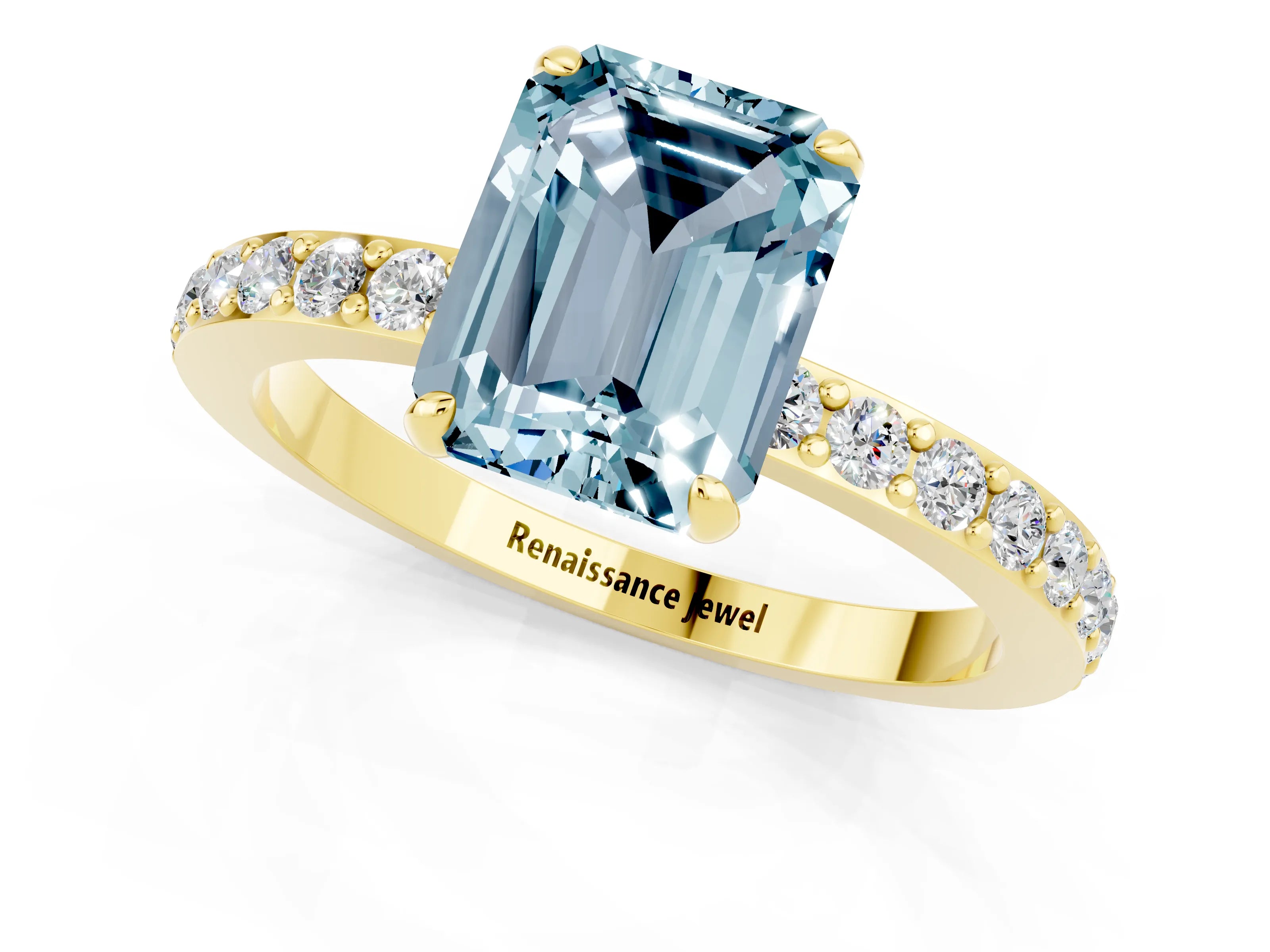 Yellow gold Emerald Cut Aquamarine Solitaire Engagement Ring with Pavé Band and Four-Prong Setting_1