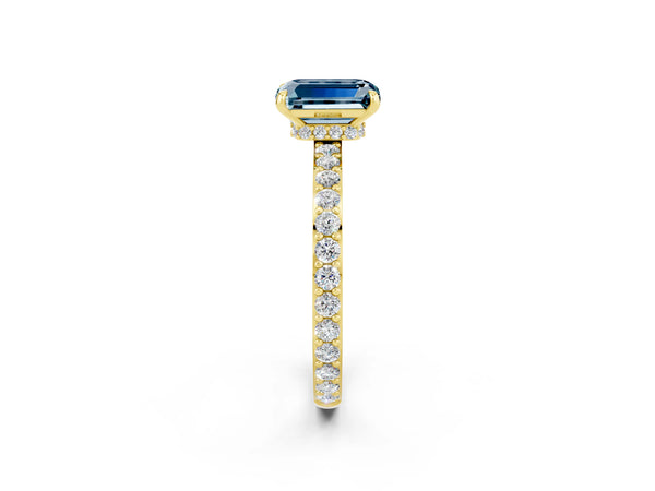 Yellow gold Emerald Cut Aquamarine Solitaire Engagement Ring with Pavé Band and Four-Prong Setting