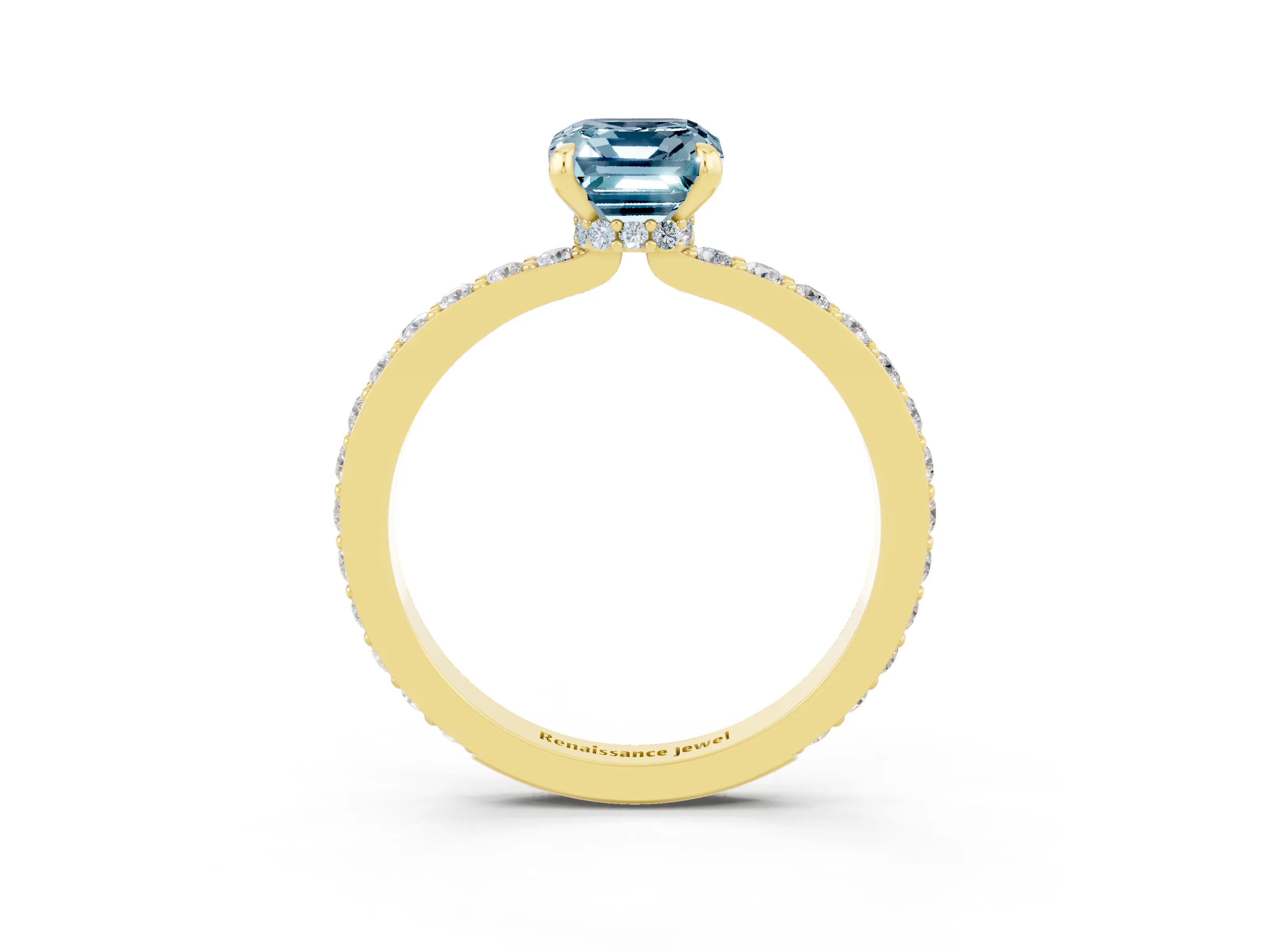 Yellow gold Emerald Cut Aquamarine Solitaire Engagement Ring with Pavé Band and Four-Prong Setting_3