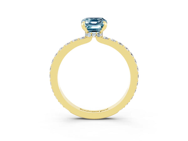 Yellow gold Emerald Cut Aquamarine Solitaire Engagement Ring with Pavé Band and Four-Prong Setting