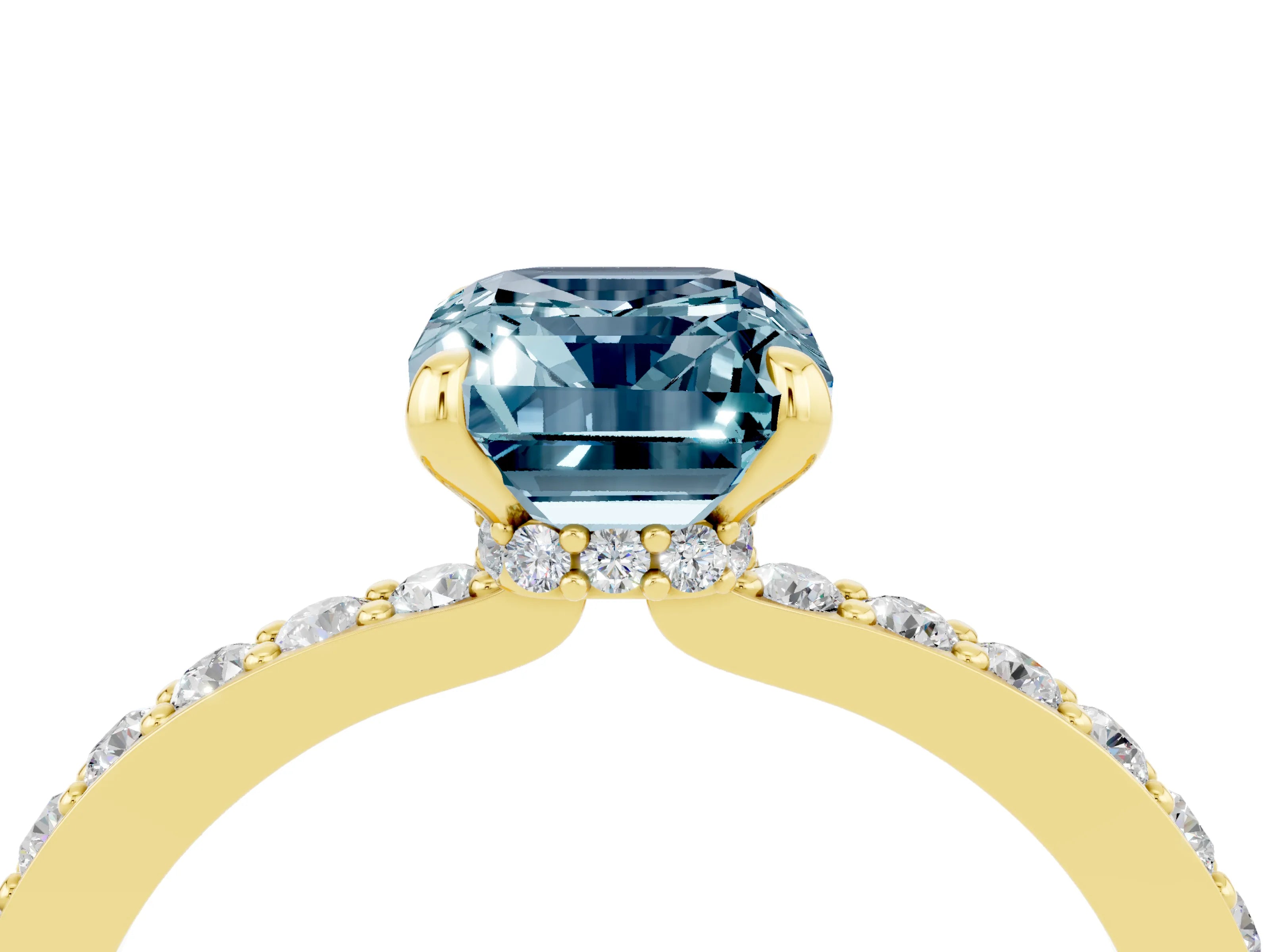 Yellow gold Emerald Cut Aquamarine Solitaire Engagement Ring with Pavé Band and Four-Prong Setting_4