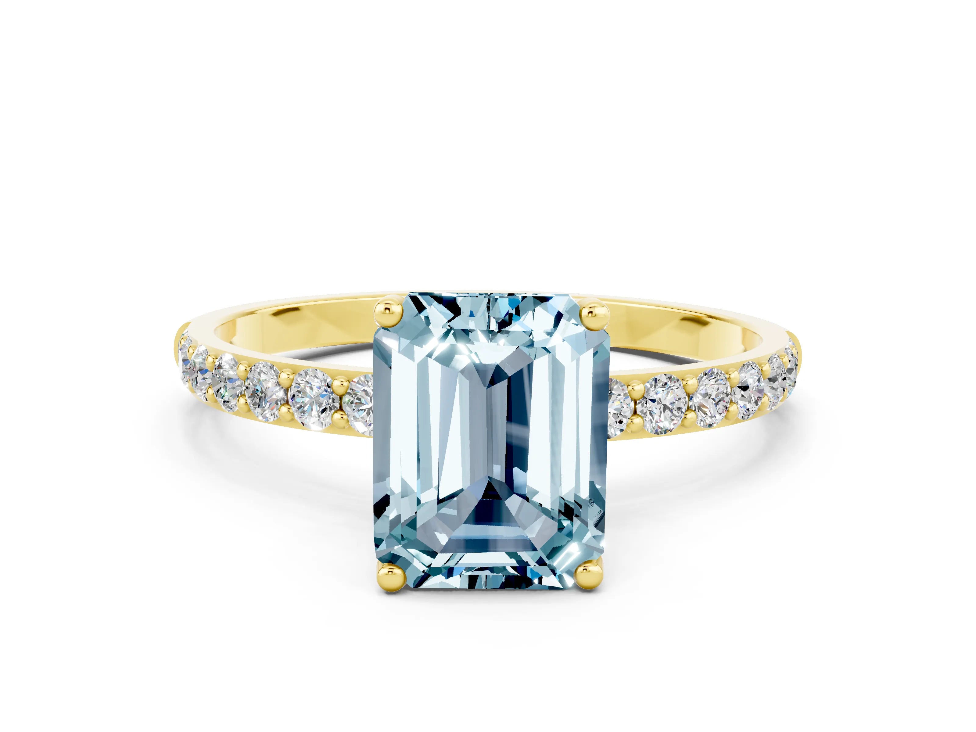 Yellow gold Emerald Cut Aquamarine Solitaire Engagement Ring with Pavé Band and Prong Setting