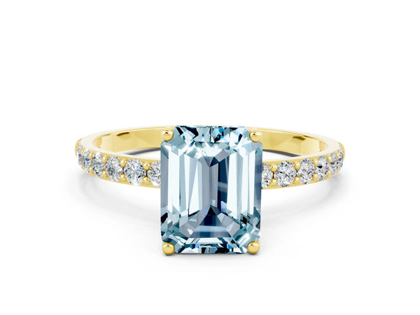 Yellow gold Emerald Cut Aquamarine Solitaire Engagement Ring with Round  Pavé Band and Prong Setting