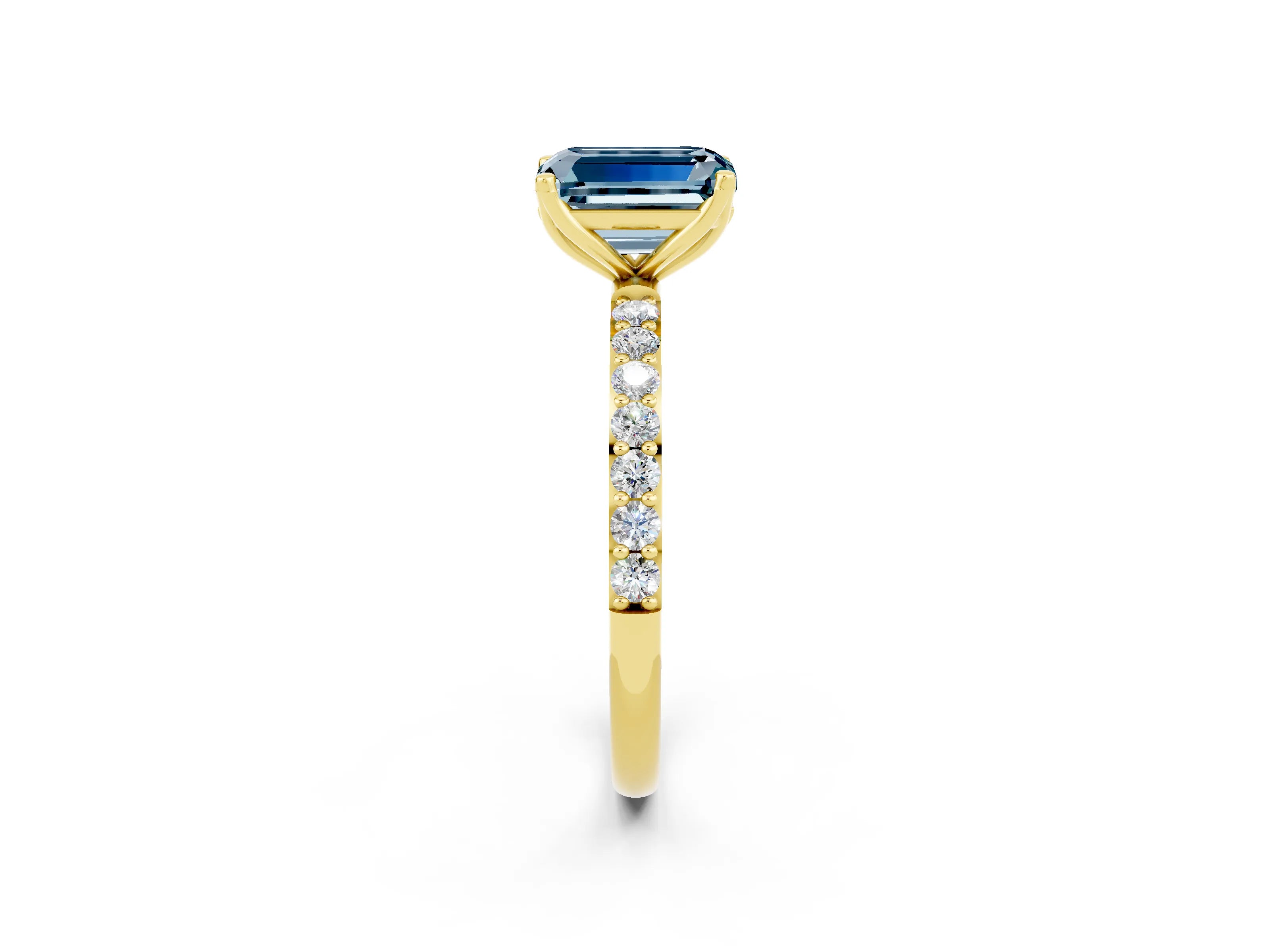 Yellow gold Emerald Cut Aquamarine Solitaire Engagement Ring with Pavé Band and Prong Setting_2