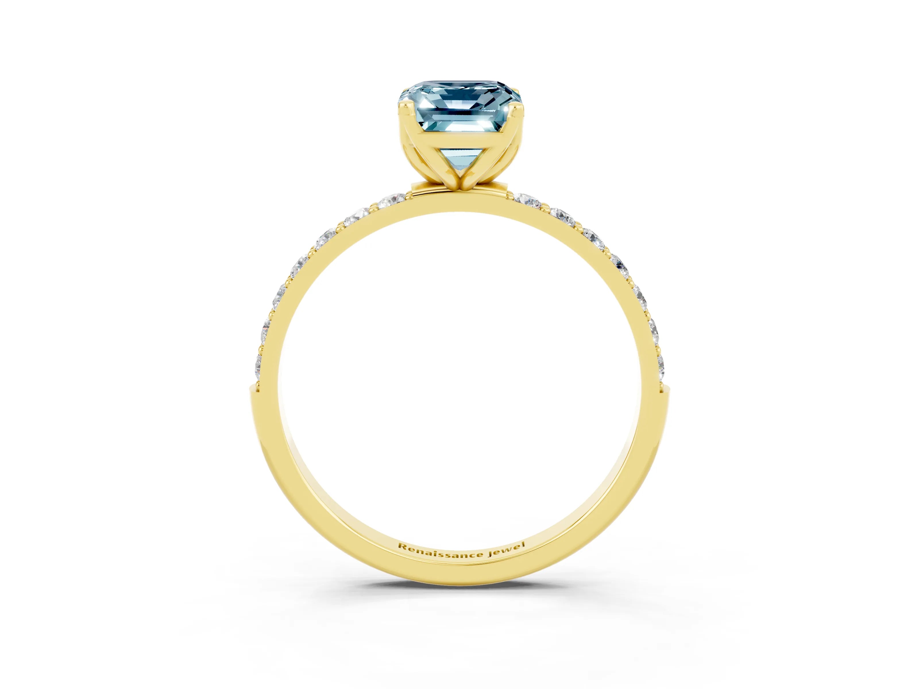 Yellow gold Emerald Cut Aquamarine Solitaire Engagement Ring with Pavé Band and Prong Setting_3