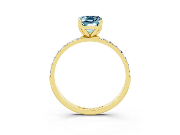 Yellow gold Emerald Cut Aquamarine Solitaire Engagement Ring with Round  Pavé Band and Prong Setting