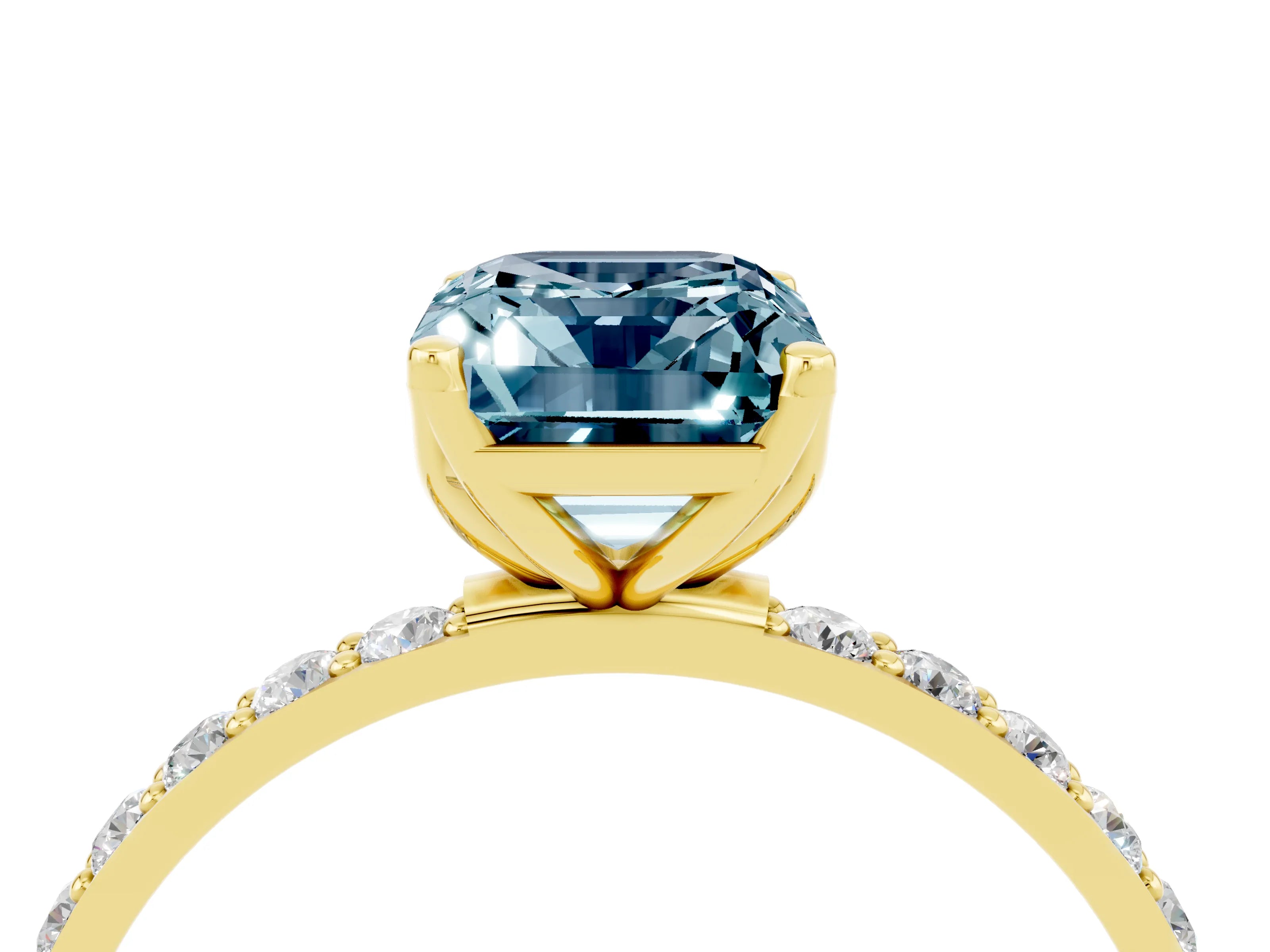 Yellow gold Emerald Cut Aquamarine Solitaire Engagement Ring with Pavé Band and Prong Setting_4