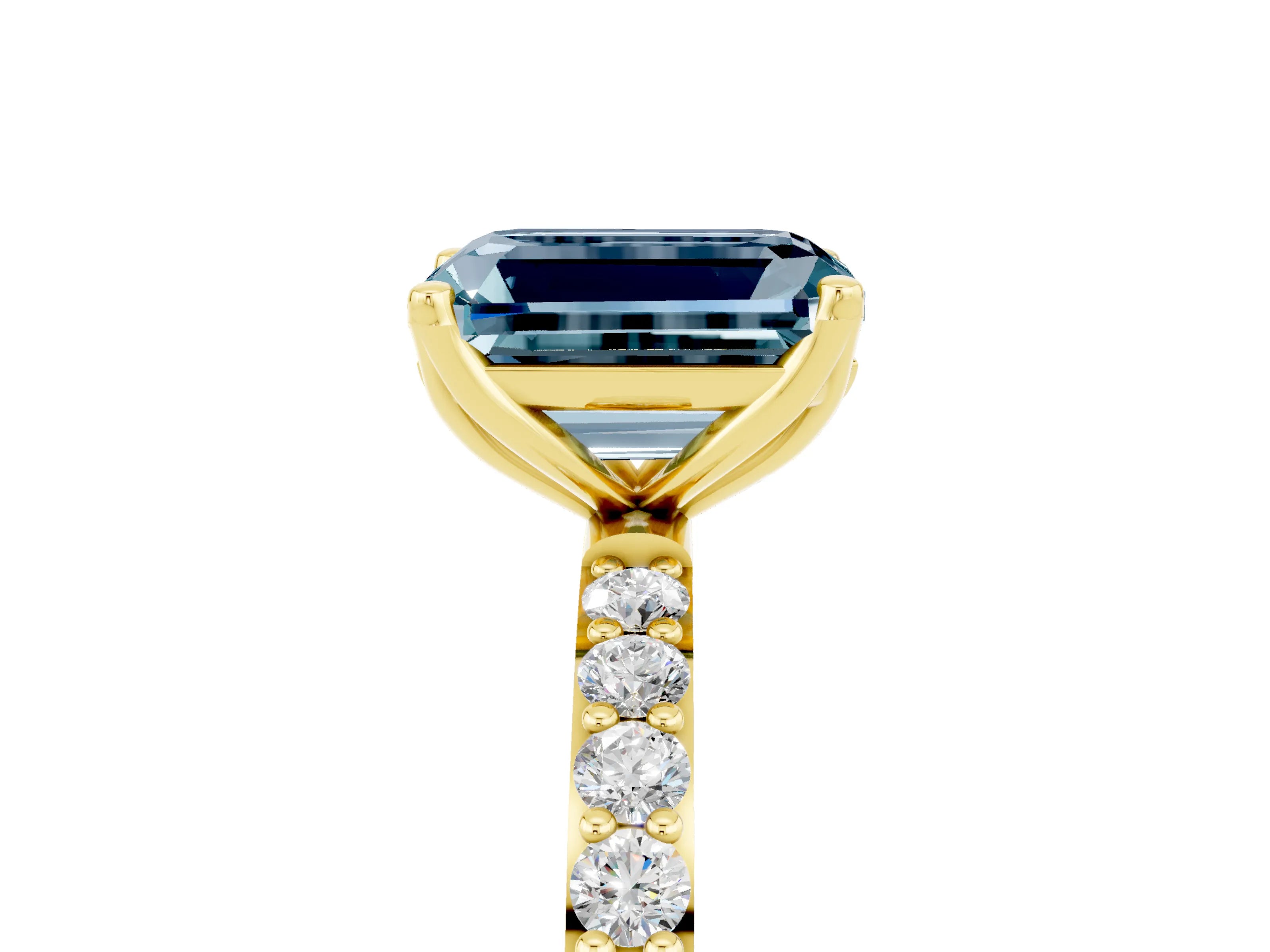 Yellow gold Emerald Cut Aquamarine Solitaire Engagement Ring with Pavé Band and Prong Setting_5