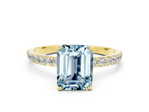 Yellow gold Emerald Cut Aquamarine Solitaire Engagement Ring with Pavé Band and Prong Setting