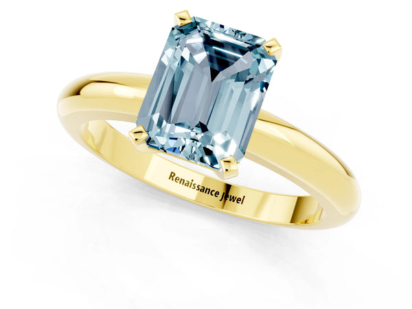Yellow gold Emerald Cut Aquamarine Solitaire Engagement Ring with Round Band and Four-Prong Setting