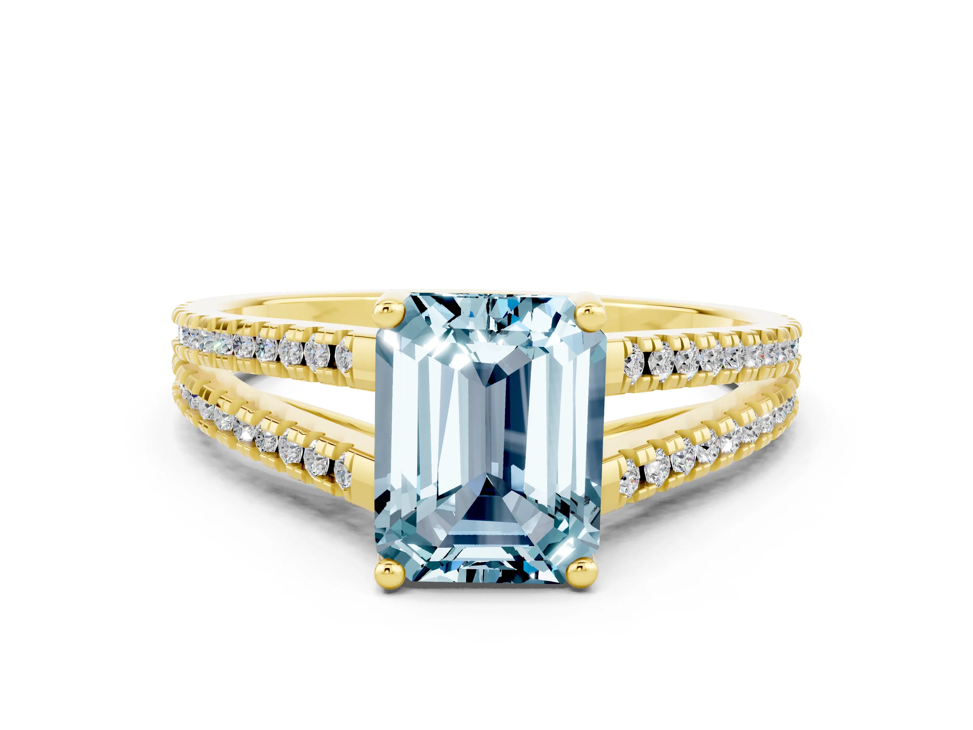 Yellow gold Emerald Cut Aquamarine Solitaire Engagement Ring with Split Shank Pavé Band