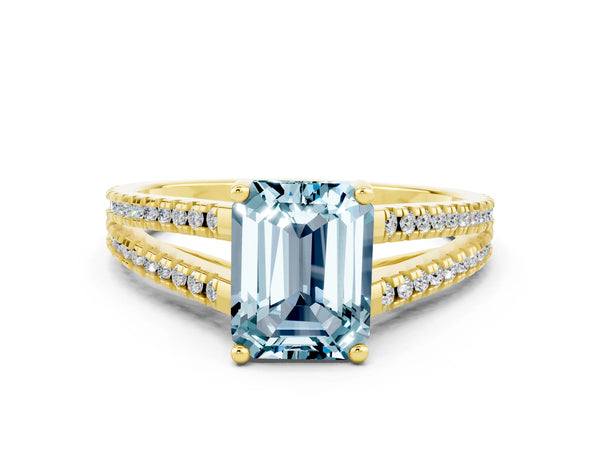 Yellow gold Emerald Cut Aquamarine Solitaire Engagement Ring with Split Shank Pavé Band
