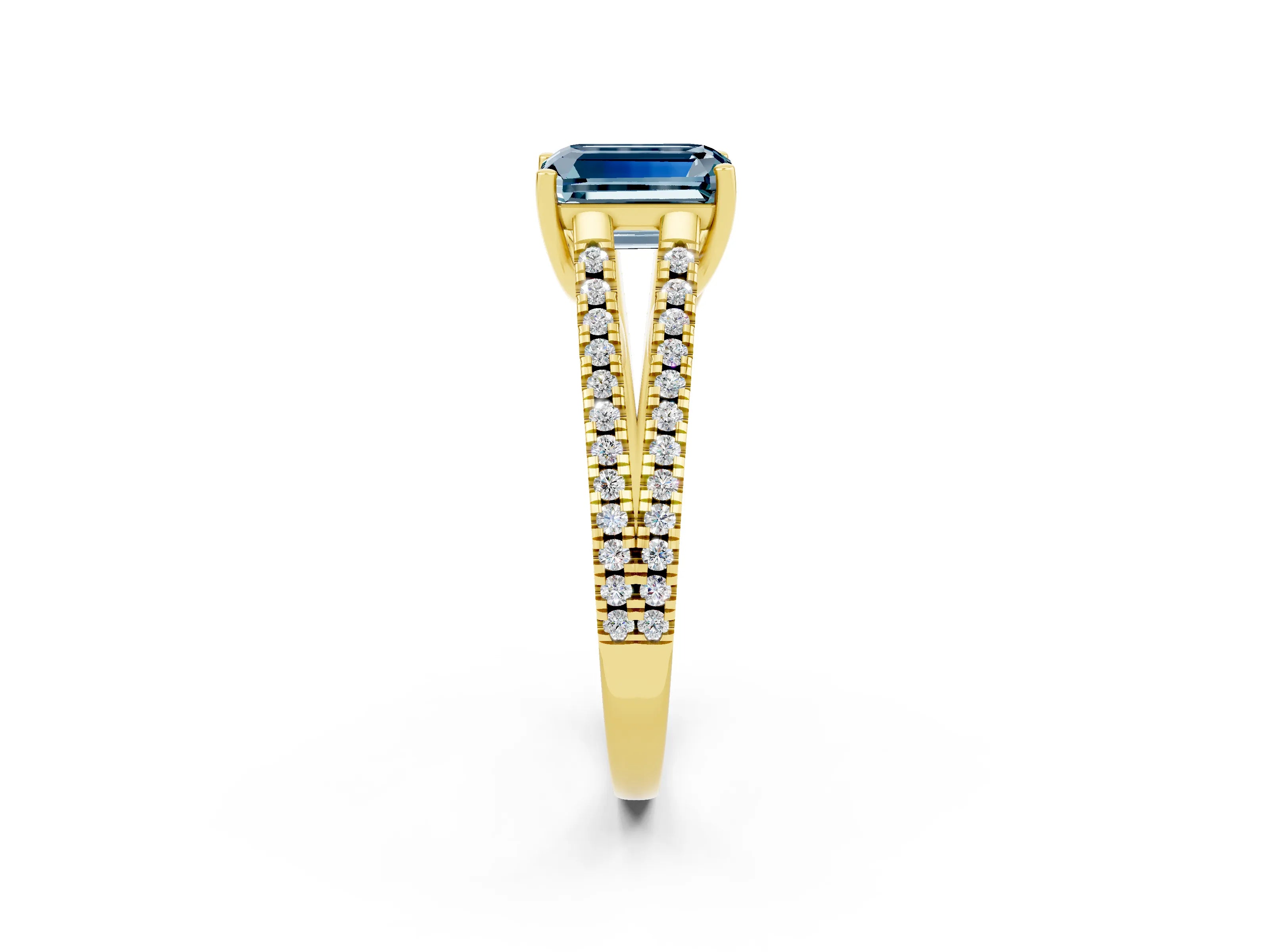 Yellow gold Emerald Cut Aquamarine Solitaire Engagement Ring with Split Shank Pavé Band_2