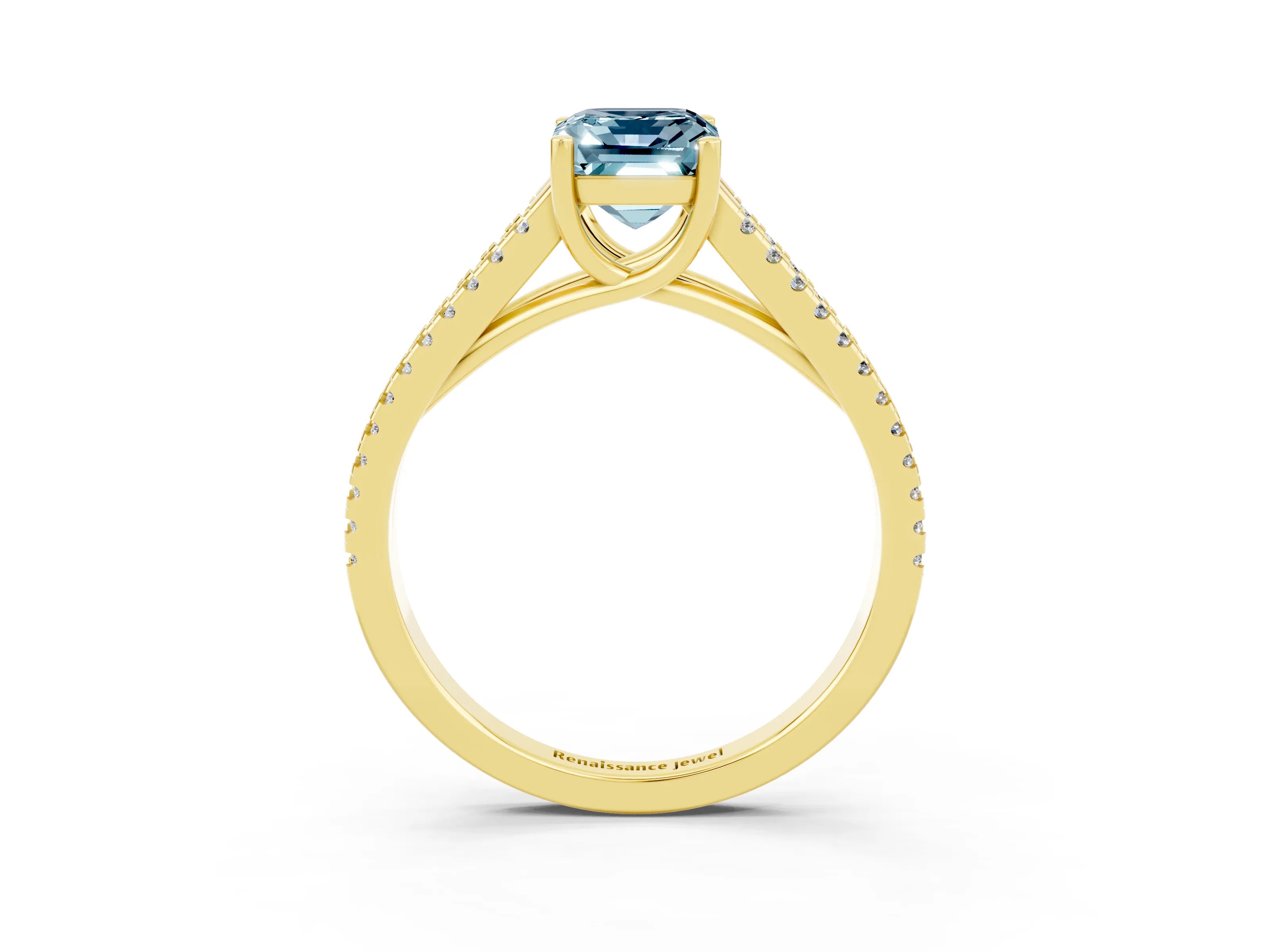 Yellow gold Emerald Cut Aquamarine Solitaire Engagement Ring with Split Shank Pavé Band_3