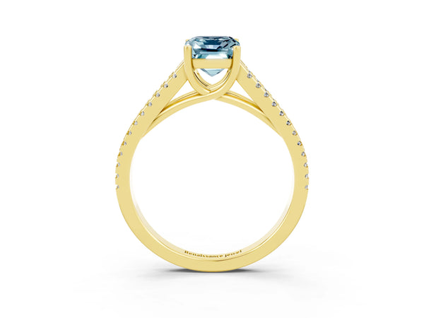 Yellow gold Emerald Cut Aquamarine Solitaire Engagement Ring with Split Shank Pavé Band