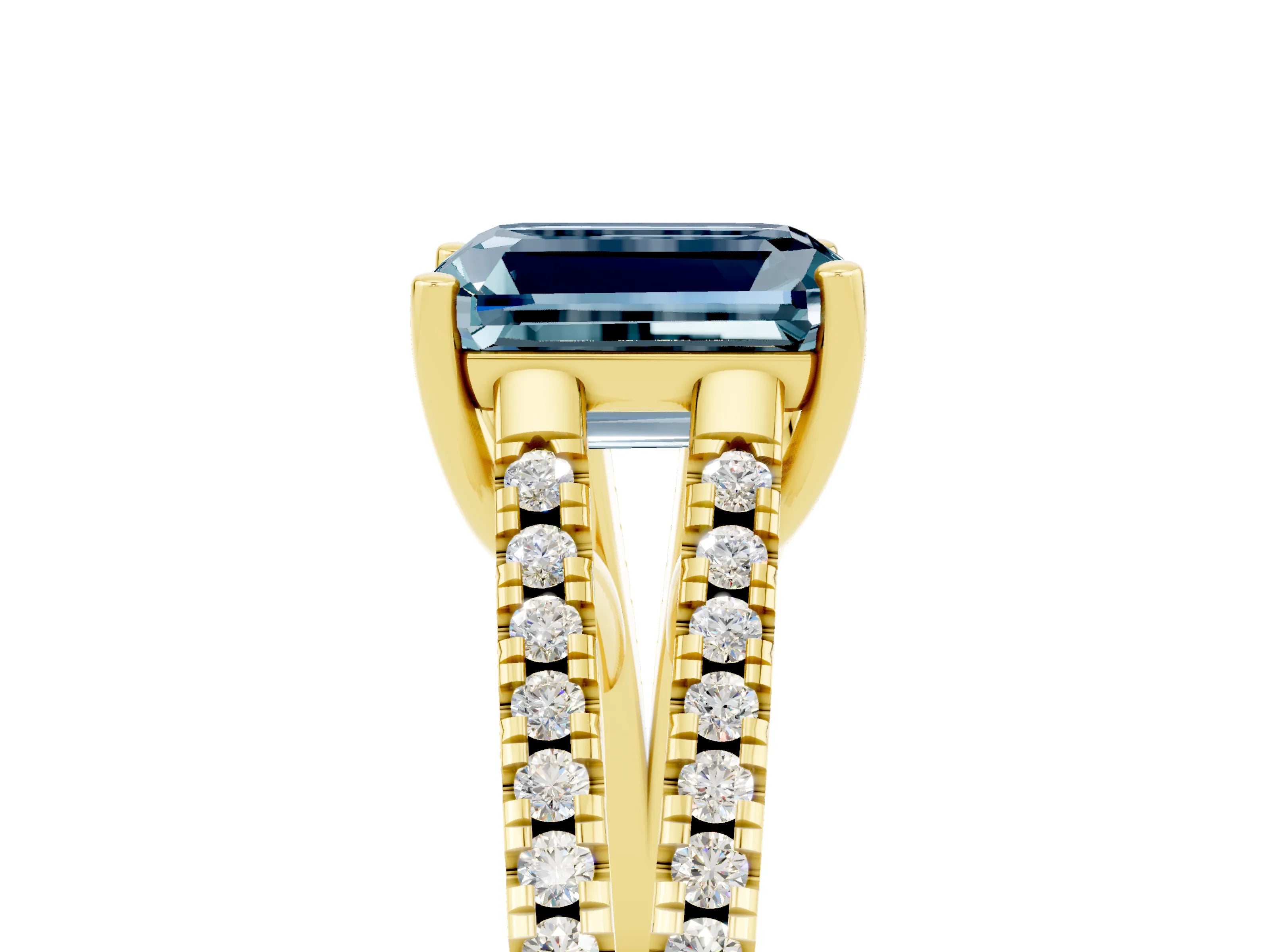 Yellow gold Emerald Cut Aquamarine Solitaire Engagement Ring with Split Shank Pavé Band_5
