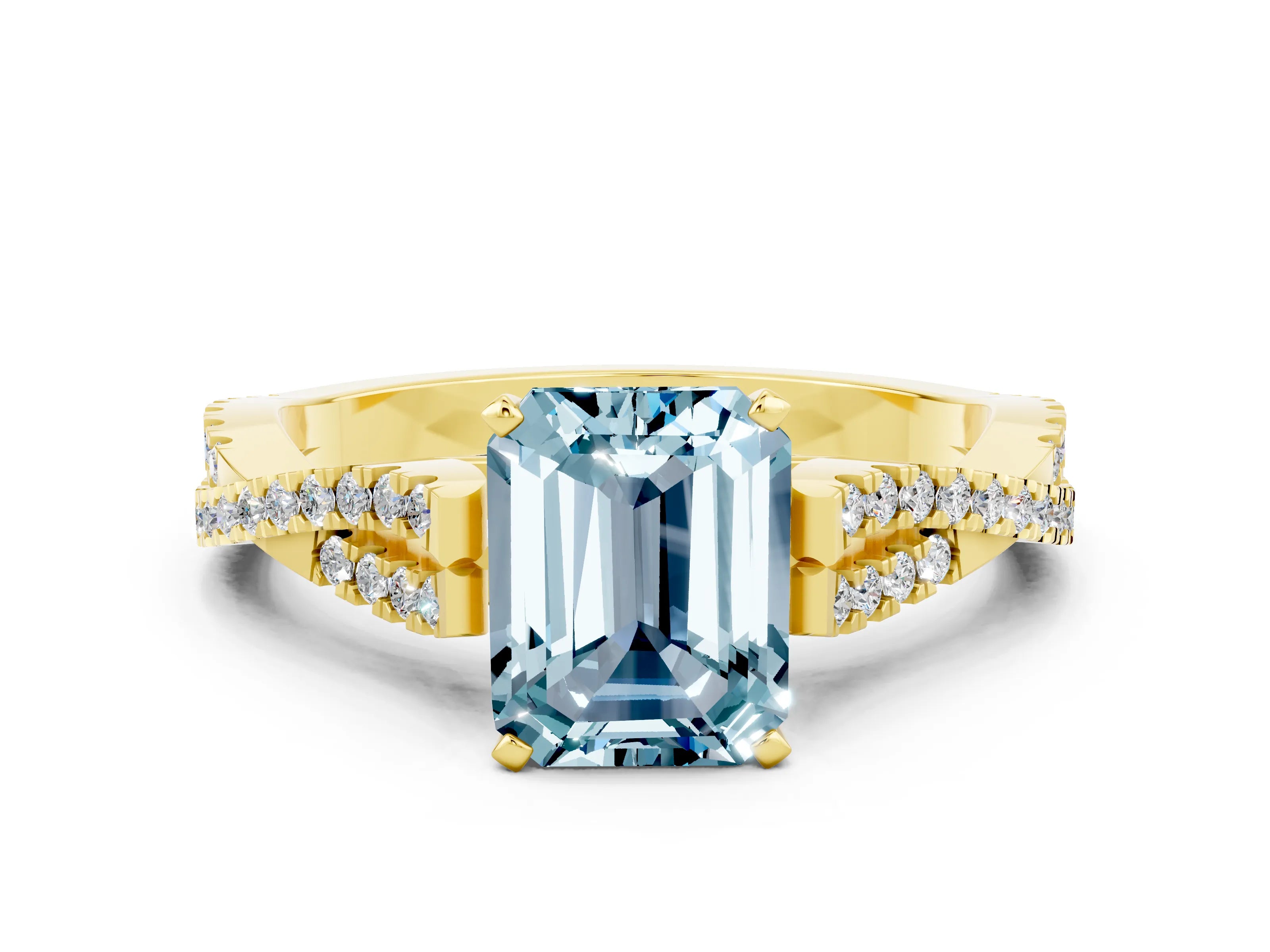 Yellow gold Emerald Cut Aquamarine Solitaire Engagement Ring with Twisted Pavé Band and Four-Prong Setting