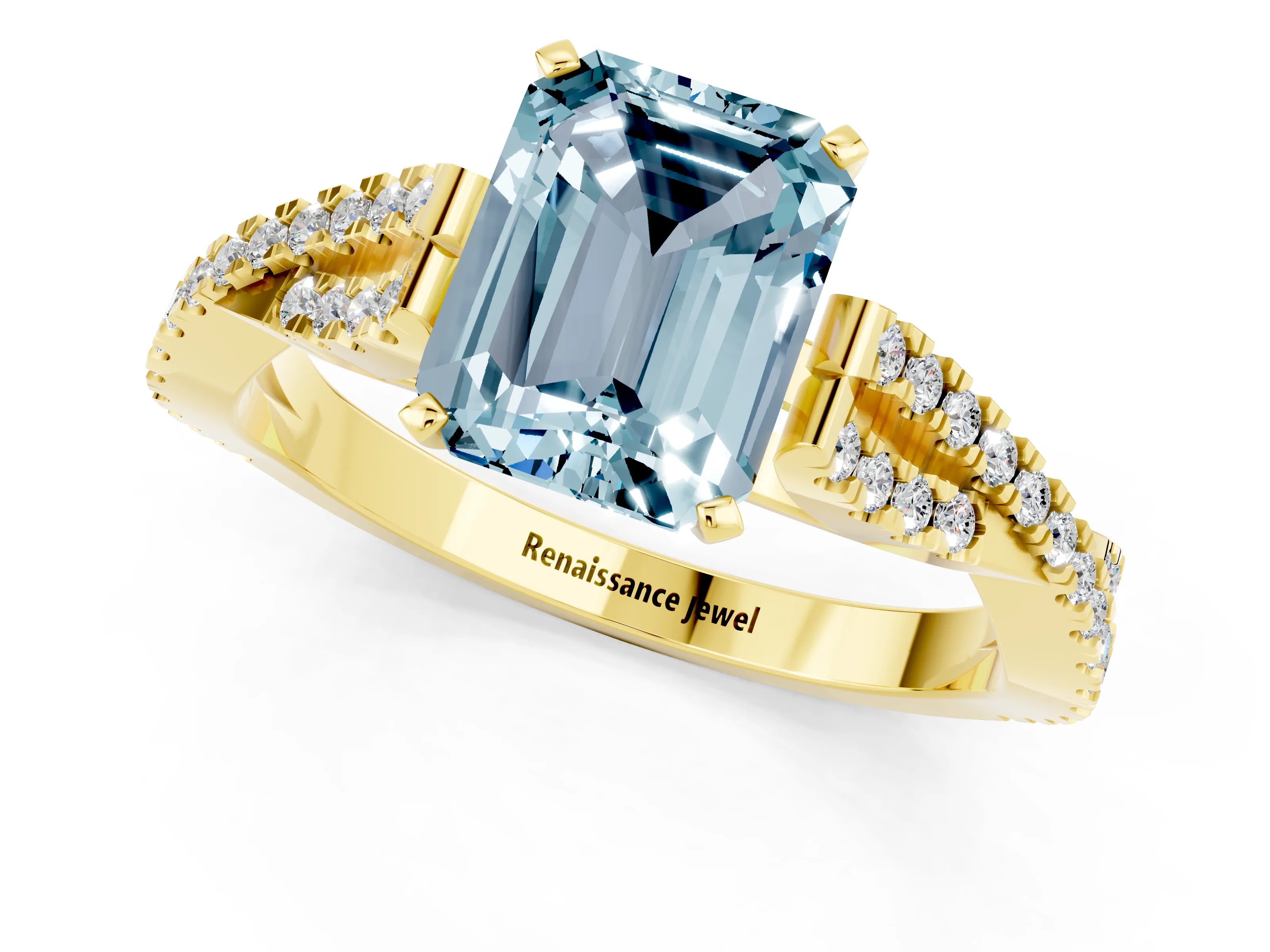 Yellow gold Emerald Cut Aquamarine Solitaire Engagement Ring with Twisted Pavé Band and Four-Prong Setting_1