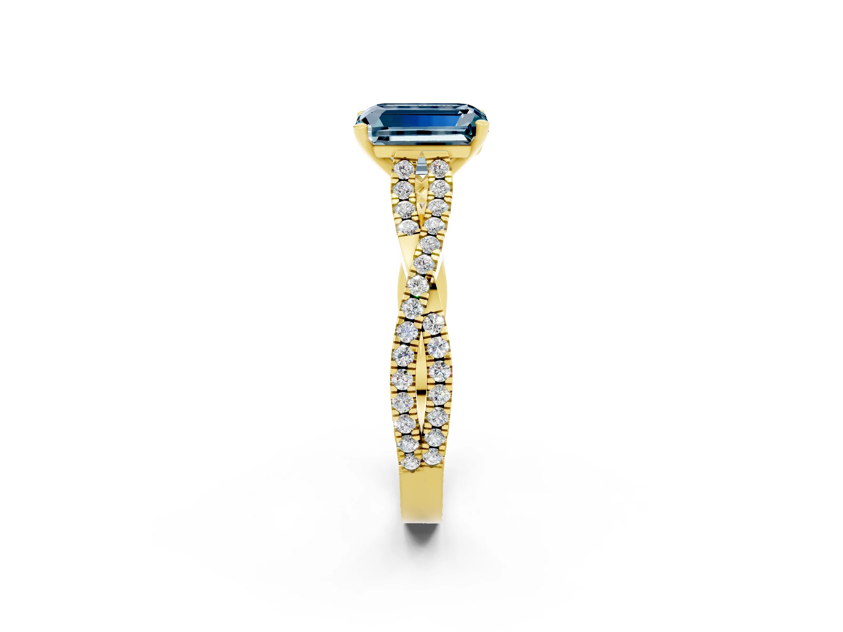 Yellow gold Emerald Cut Aquamarine Solitaire Engagement Ring with Twisted Pavé Band and Four-Prong Setting_2