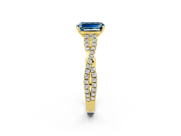 Yellow gold Emerald Cut Aquamarine Solitaire Engagement Ring with Twisted Pavé Band and Four-Prong Setting