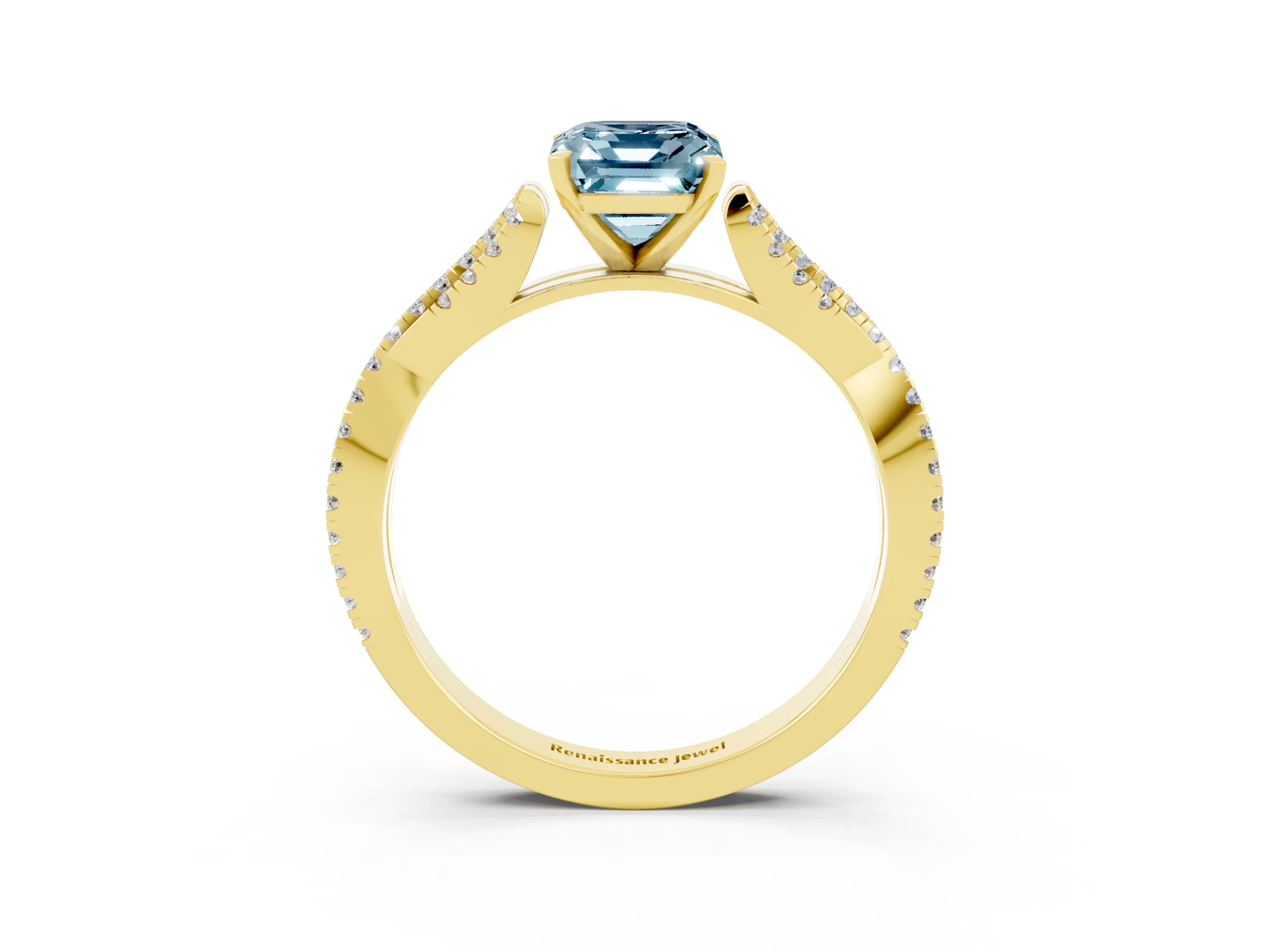 Yellow gold Emerald Cut Aquamarine Solitaire Engagement Ring with Twisted Pavé Band and Four-Prong Setting_3