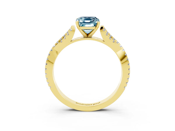Yellow gold Emerald Cut Aquamarine Solitaire Engagement Ring with Twisted Pavé Band and Four-Prong Setting